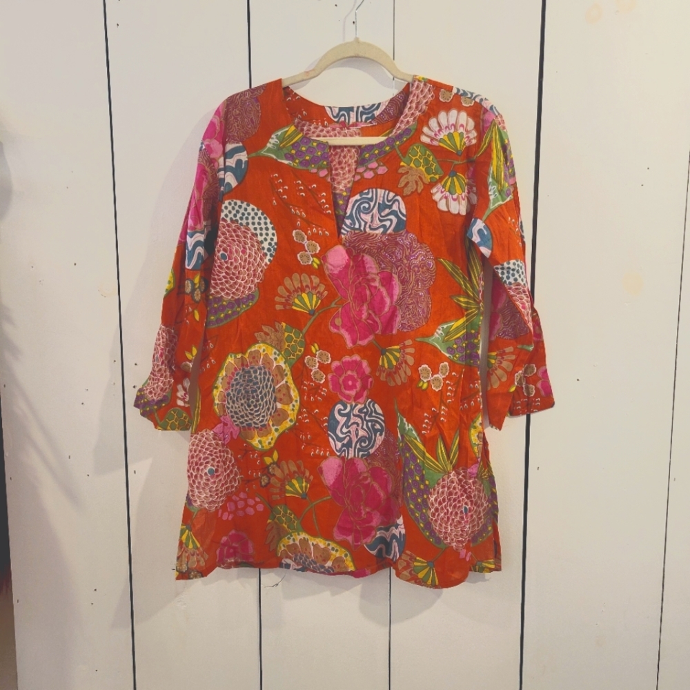 Red flower cotton tunic top coverup